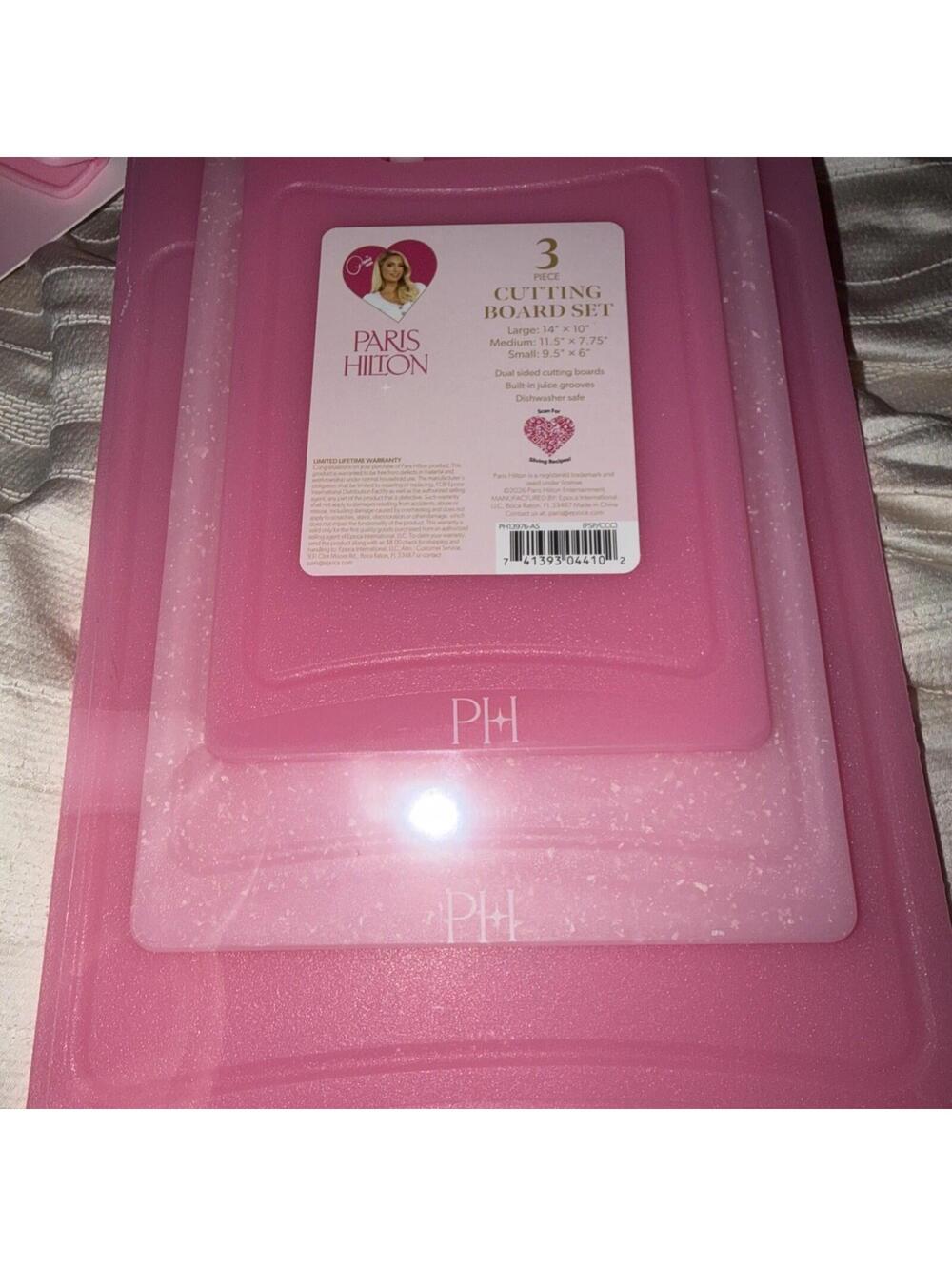 Paris Hilton Plastic 3 Piece Cutting Board Set Pink White Dishwasher Safe